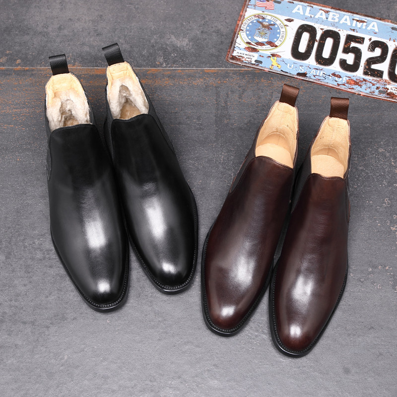 WINTER SHEEPSKIN FUR INTEGRATED FLEECE COTTON SHOES MENS HIGH-TOP BRITISH LEATHER CHELSEA BOOTS WARM AND THICKENED SNOW BOOTS