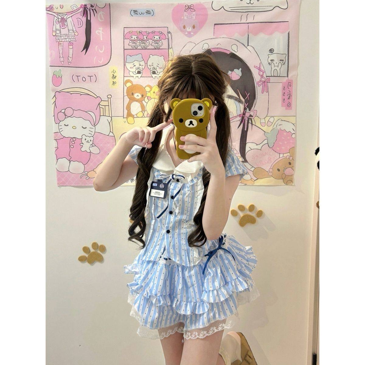 夏季新款学院风少女感蓝色波点泡泡袖上衣拼接荷叶边蓬蓬裙两件套