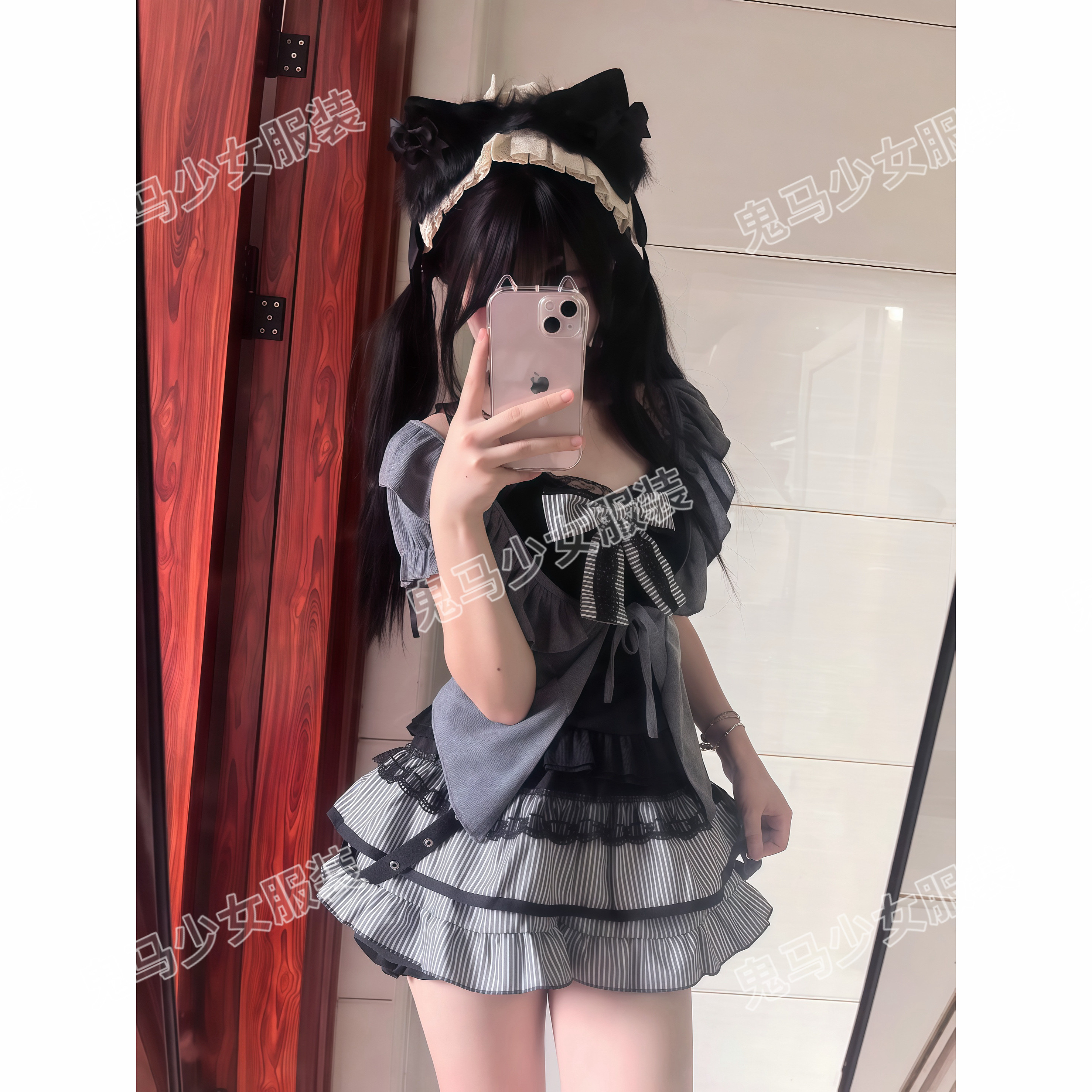 鬼马少女 可爱日系软妹学院风甜辣黑色蕾丝吊带开衫蛋糕裙三件套