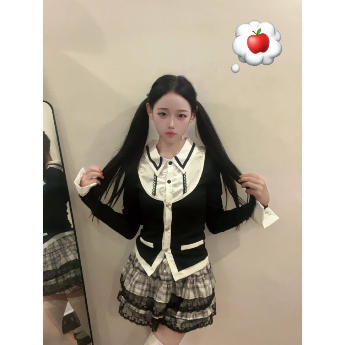 韩系学院风制服假两件拼接修身显瘦上衣高腰格子蛋糕裙两件套新款