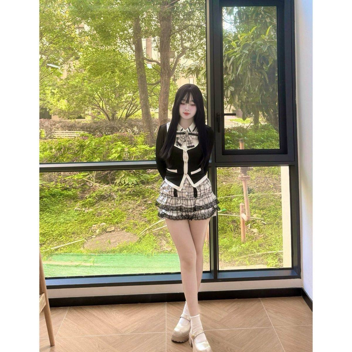 韩系学院风制服假两件拼接修身显瘦上衣高腰格子蛋糕裙两件套新款