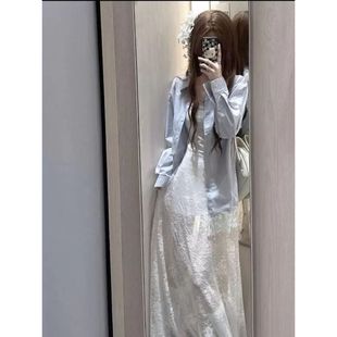 纯欲风白色蕾丝拼接吊带连衣裙女秋季 收腰显瘦气质度假长裙子 新款