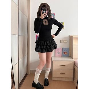 套装 女蓬蓬裙时尚 春秋 打底衫 拽姐高领暗黑哥特十字架镂空微透修身