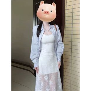 长裙子女 简单大方气质修身 法式 高级感蕾丝拼接吊带连衣裙外搭开衫