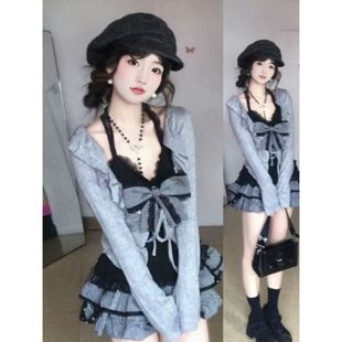 甜辣chic穿搭套装 挂脖背心a字短裙三件套裙 性感辣妹灰色针织开衫