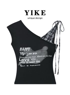 YIKE不规则格子斜肩抹胸吊带背心女设计感夏季甜辣妹短款无袖上衣