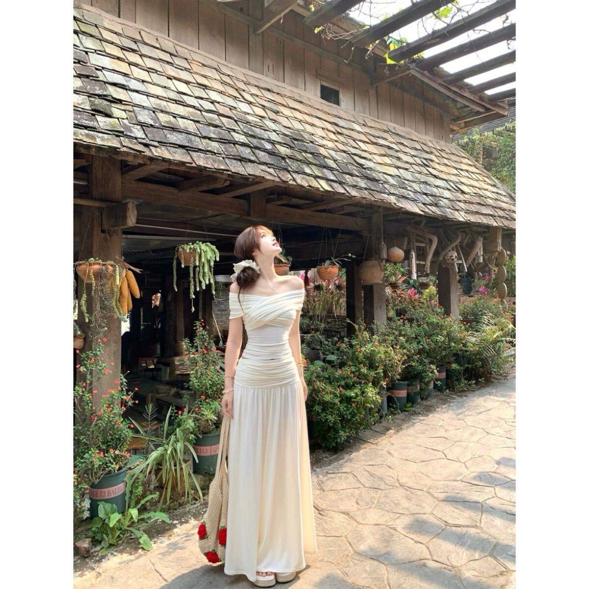 初梦POKEMENG 心软的神 夏季弹力一字肩修身显瘦针织上衣长裙套装图片