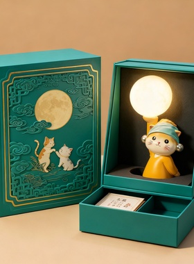 国潮猫咪树脂发光浮雕桌面摆件