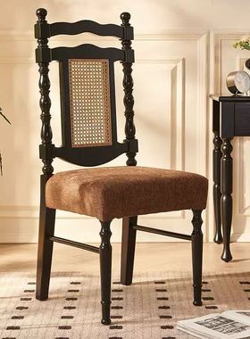 复古实木藤编雕刻餐椅可定制