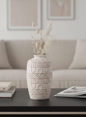 侘寂风陶瓷几何雕刻花瓶摆件