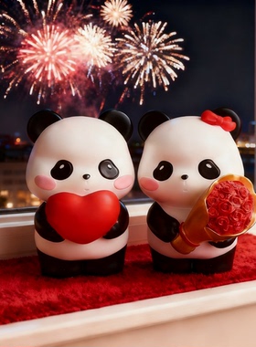 可爱熊猫树脂情侣桌面摆件结婚礼