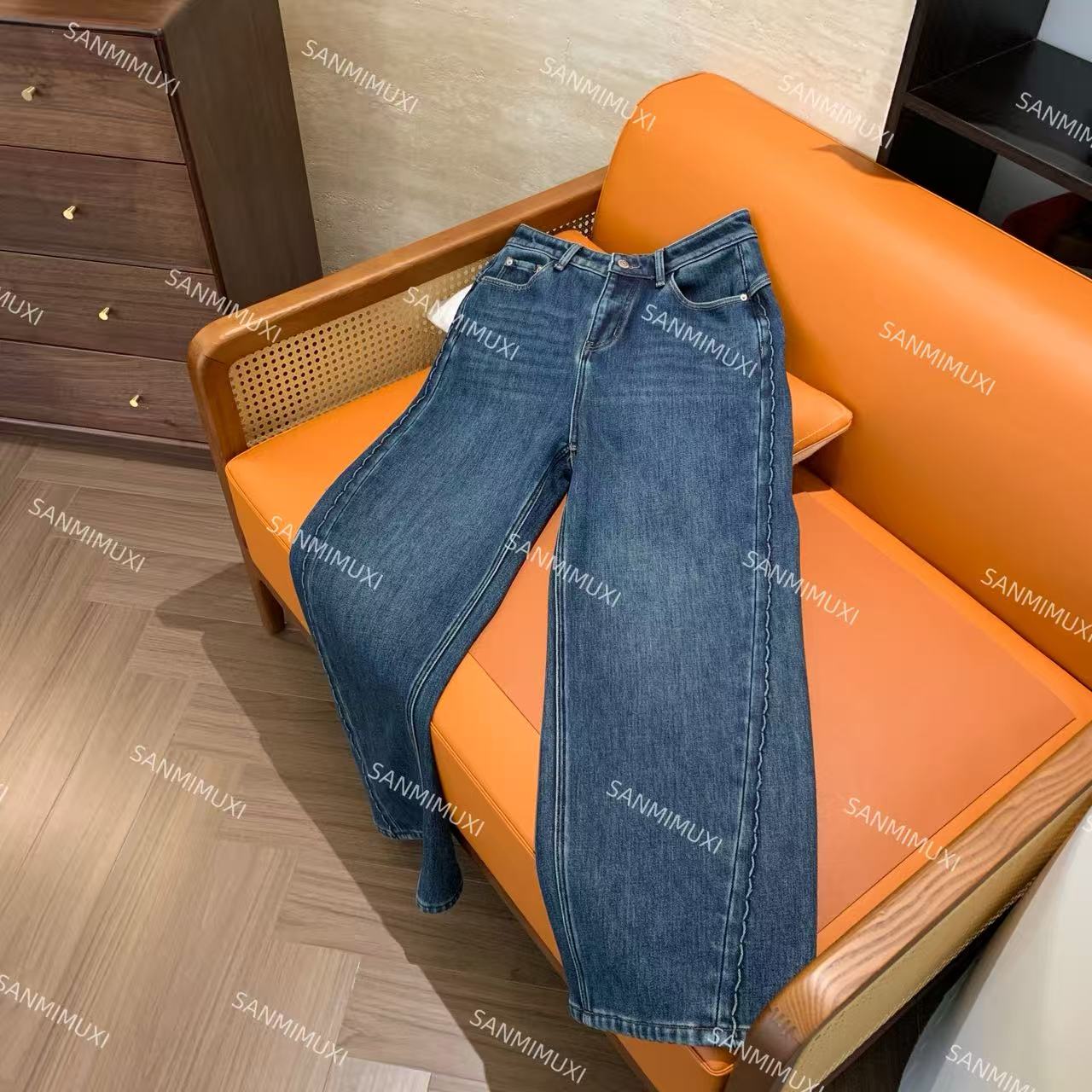 SANMI/叁米   冬款厚绒高腰牛仔阔腿裤 K1312