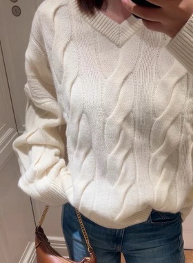 RL奶油风V领麻花纹针织衫女宽松慵懒毛衣秋冬穿搭 羊毛羊绒毛衣女