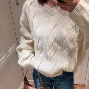 RL奶油风V领麻花纹针织衫女宽松慵懒毛衣秋冬穿搭 羊毛羊绒毛衣女