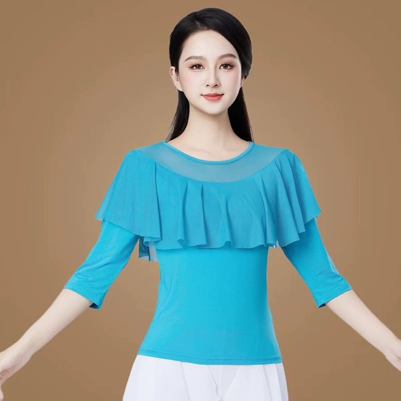 广场舞服装新款上衣夏季蓝色中袖舞蹈t恤洋气显白衣服团体演出服
