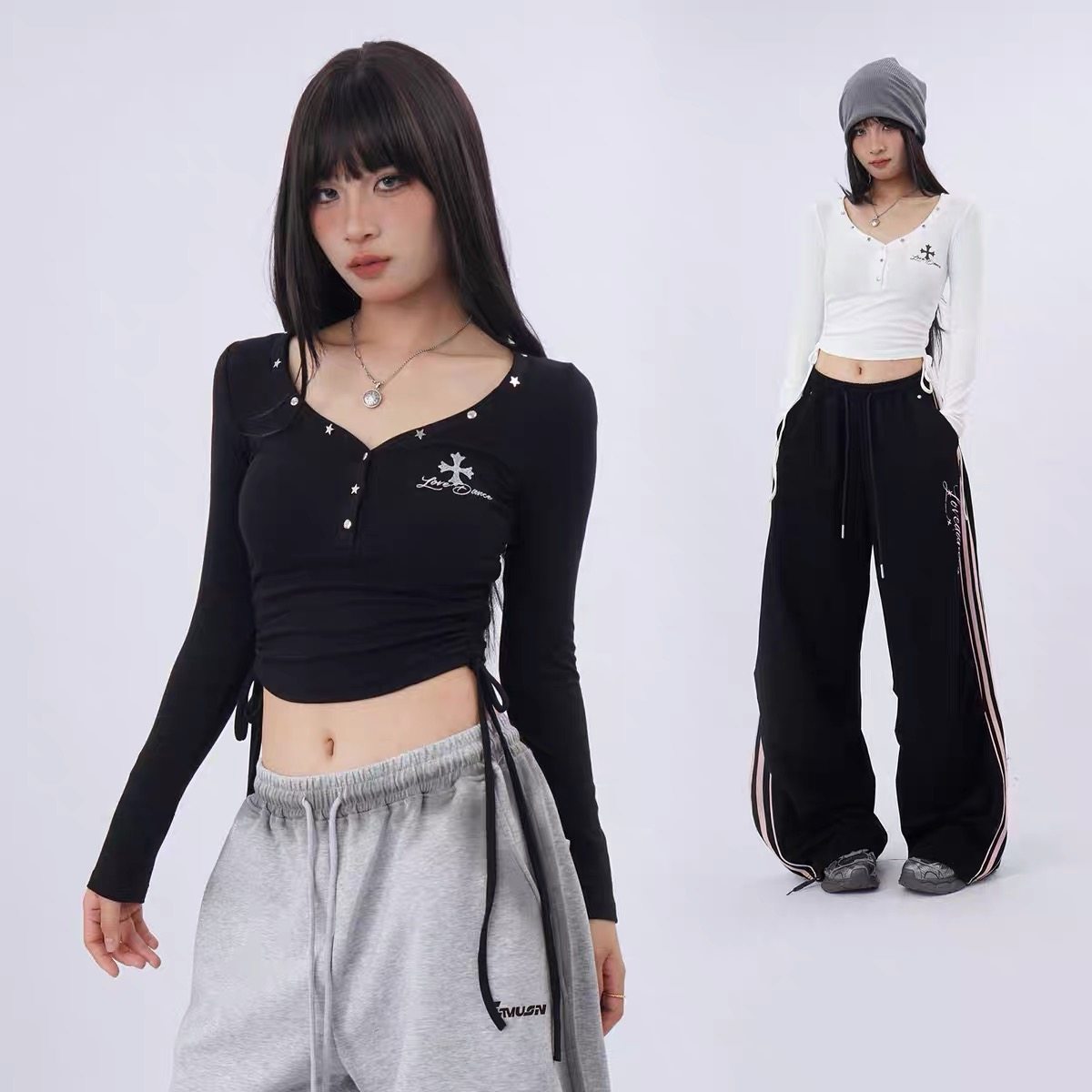 早秋辣妹修身正肩显瘦长袖t恤女短款街舞侧缝系绳V领爵士上衣潮牌,运动/瑜伽/健身/球迷用品,爵士舞服装,淘宝优惠券,粉丝福利购,淘宝优惠卷