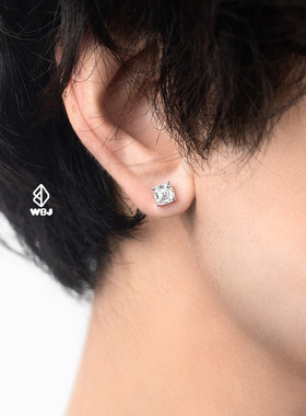 WBJ定制珠宝 莫桑阿斯切耳钉 S925银手工镶嵌莫桑石 电镀18K金男