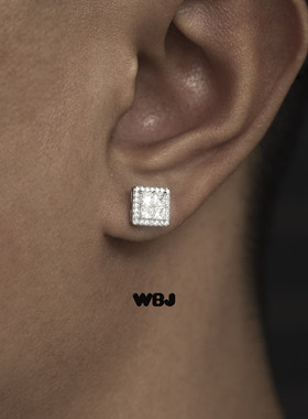 WBJ定制珠宝方形群镶耳钉满镶嵌 耳钉 S925 银镀金 银饰 耳钉