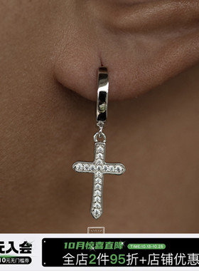 WBJ定制珠宝 镶嵌十字耳环 耳饰 单只 纯银 925银 嘻哈 hiphop