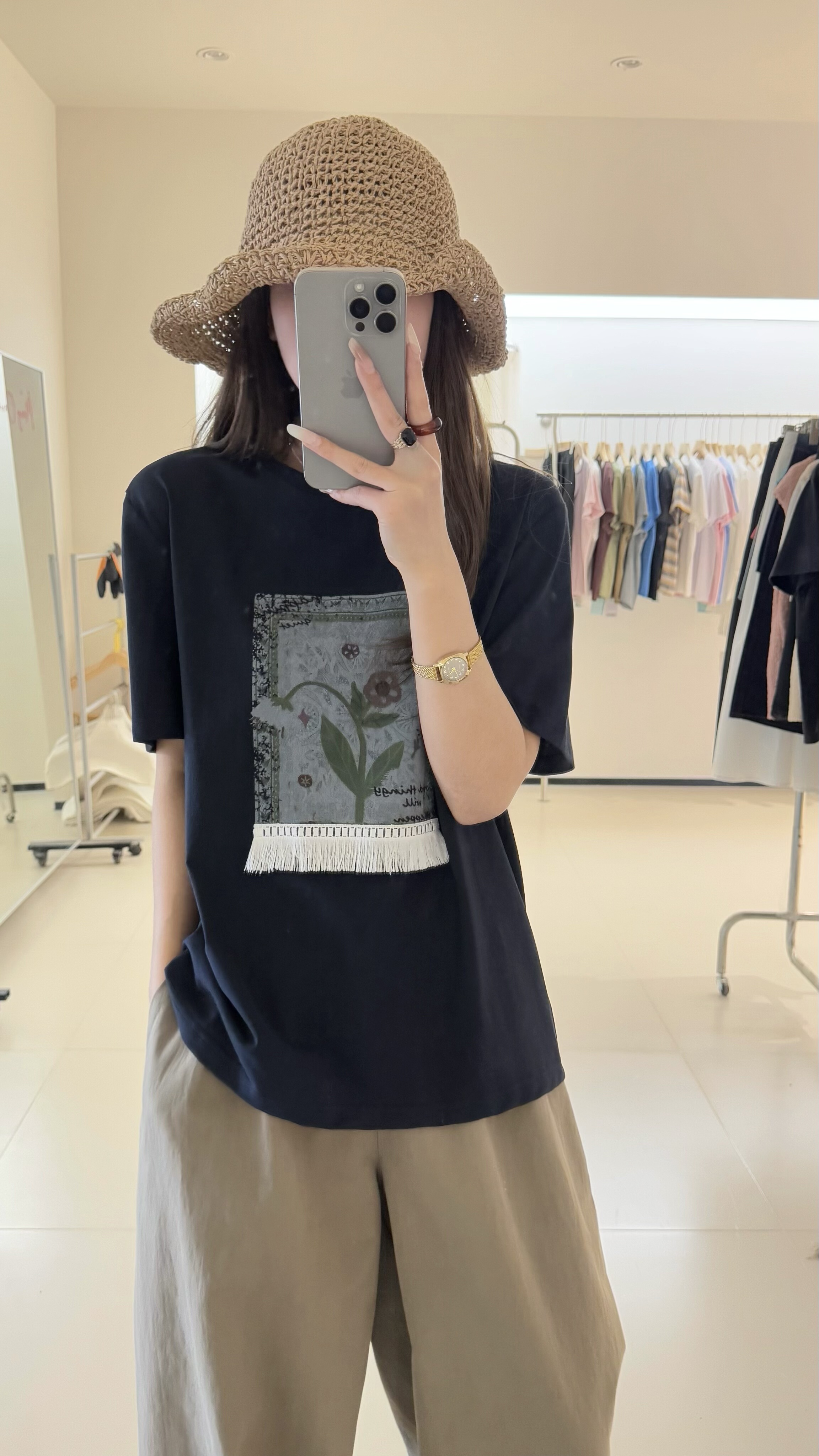 恩灿 26夏 设计师款文艺风 植物系蕾丝窗户流苏花卉凉感T