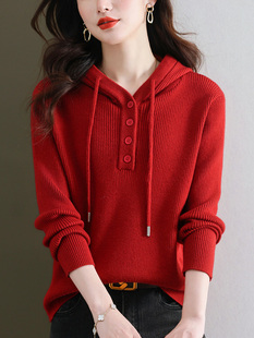 连帽毛衣女秋冬2025新款 春秋上衣 宽松休闲红色带帽卫衣针织打底衫
