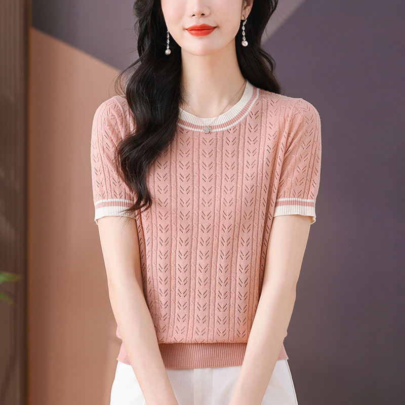 冰丝针织衫女2025新款夏季妈妈薄款短袖t恤女装时尚别致漂亮小衫