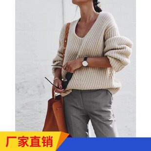 AC加厚宽松V领全羊毛毛衣女 秋冬慵懒套头风小众简约打底针织毛衫