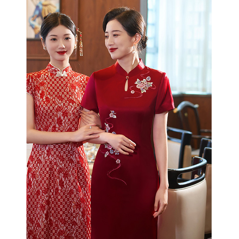 高端喜婆婆婚宴装显瘦旗袍醋酸缎新款婚礼妈妈礼服修身洋气连衣裙