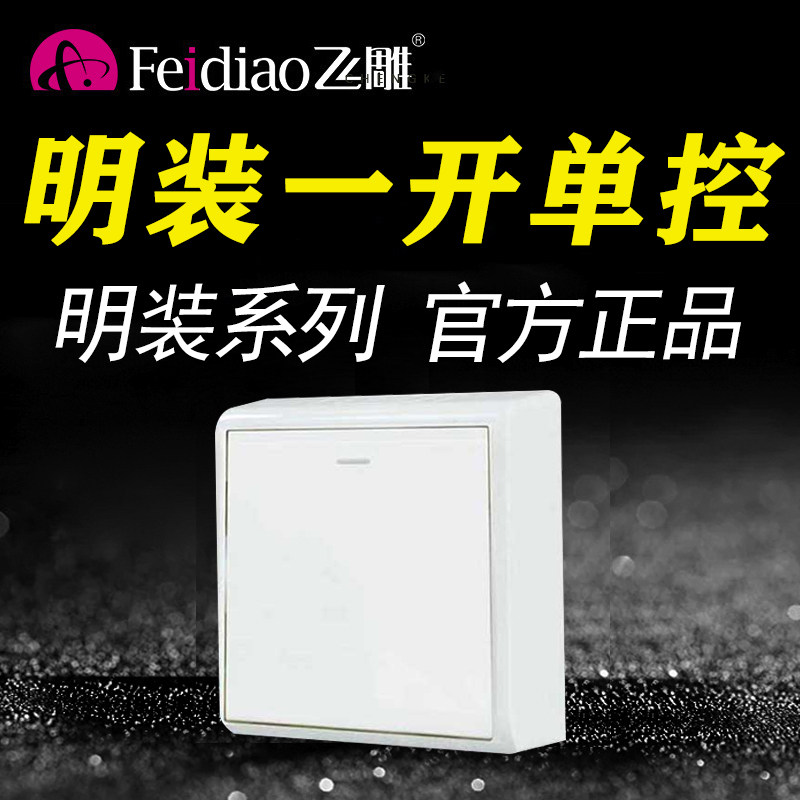 飞雕86型明装m一开单控开关家用一位单开单联1开灯电源按钮面板白