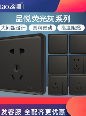 飞雕开关插座品悦面板家用86型五孔小板非大板灰色带开关荧光灰