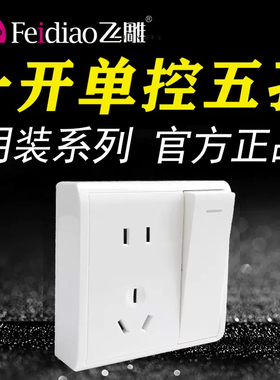 飞雕86型明装M一开单控五孔5孔开关带插座面板电源家用单开带白色