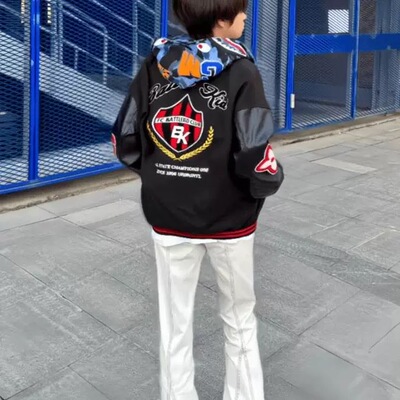 徽章拼色棒球服外套宽松夹克加厚