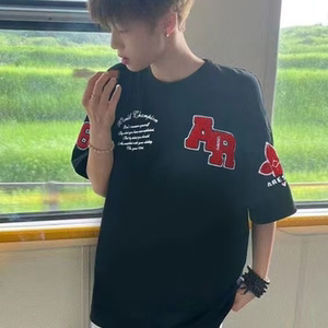 美式复古字母刺绣短袖t恤男女