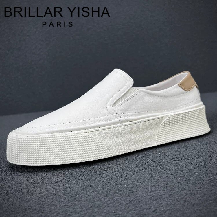 BRILLAR YISHA真皮乐福鞋男夏季新款透气软底休闲一脚蹬白色板鞋