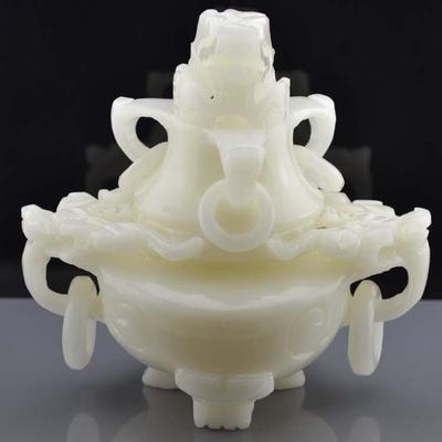 白玉石香炉三足鼎香薰炉摆件摆饰