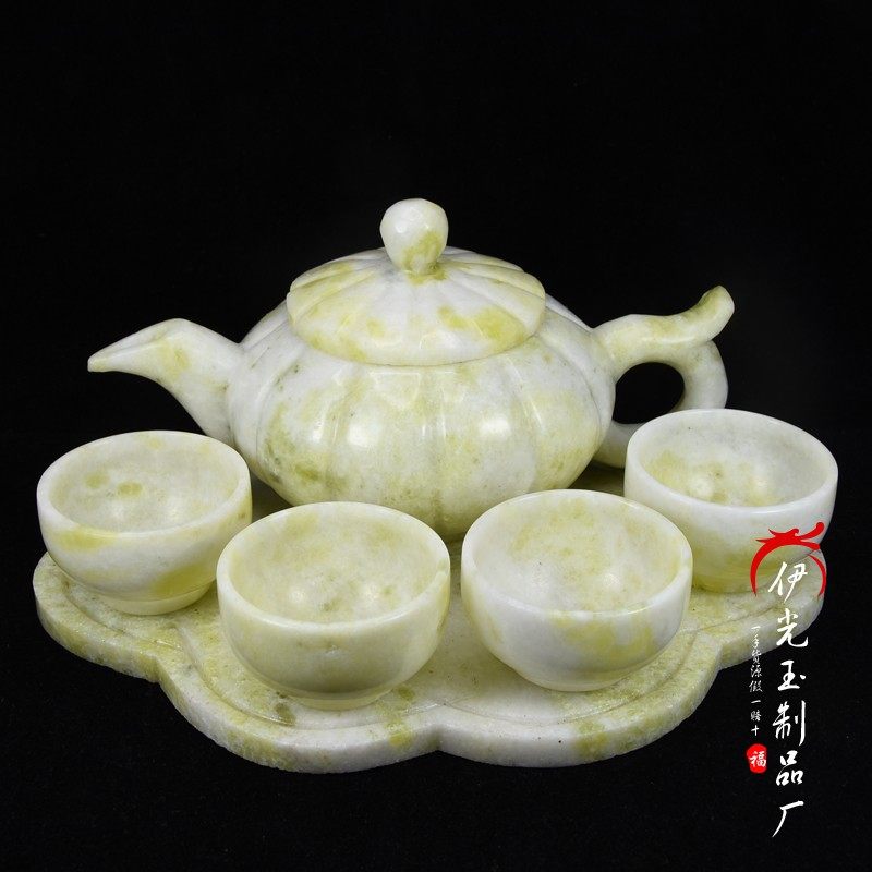 包邮天然玉石蓝田玉茶壶茶杯茶具摆件家用功夫茶具套装玉摆饰茶碗