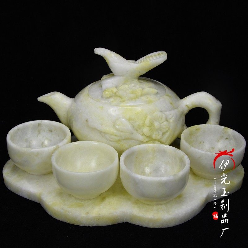 包邮天然蓝田玉石茶壶茶杯茶具摆件岫玉喜鹊登梅家用功夫茶具茶碗