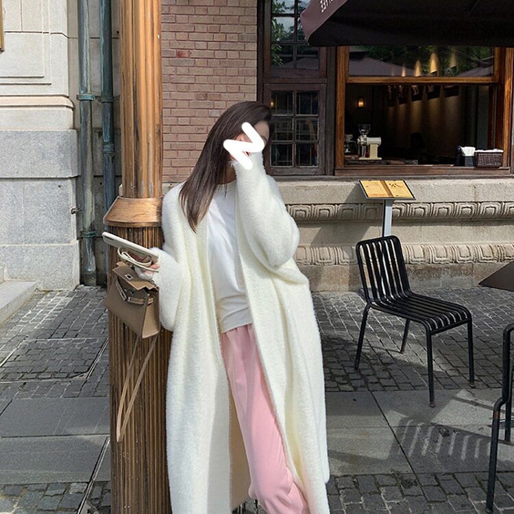 现货女装秋冬新款超长款仿貂绒毛衣开衫女韩版宽松慵懒针织外套