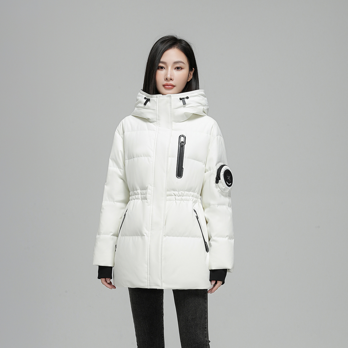 新款90白鸭绒户外撞色中长收腰显身材羽绒服