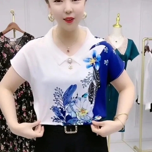 新款 短袖 女2025夏季 設(shè)計(jì)感小眾印花襯衣寬松百搭雪紡衫 襯衫 上衣潮