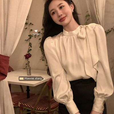 秋季女装2023新款气质洋气蝴蝶结长袖衬衫小众设计感外穿衬衣上衣