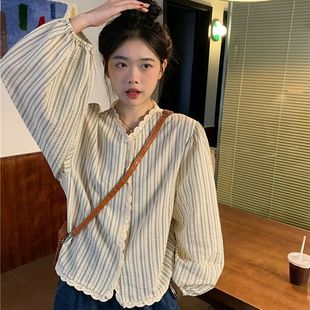 秋季新款ins甜美花边拼接V领条纹衬衣薄款长袖灯笼袖衬衫女学生潮