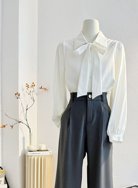 蝴蝶结系带衬衫新款白色飘带气质职业设计通勤衬衣长袖遮肉上衣