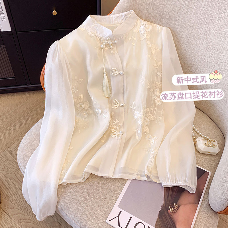 复古重工刺绣盘扣雪纺衬衫女春夏长袖高级感国风小衫杏色温柔上衣