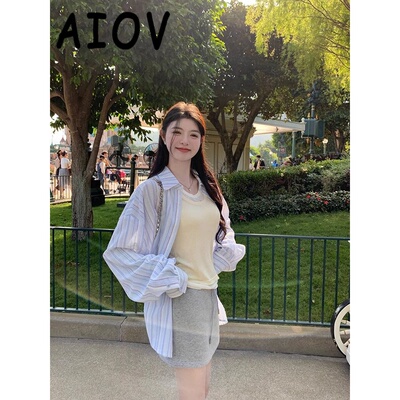 AIOV美式甜美设计感条纹衬衫女夏季薄款潮长袖衬衣防晒外穿ins风