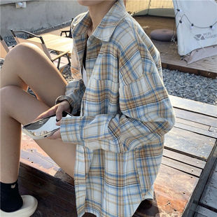 美式复古格子防晒长袖衬衫男女秋设计感小众chic港味宽松衬衣