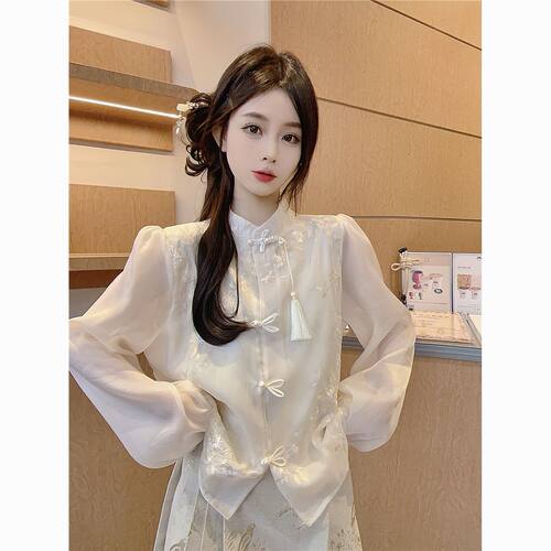 新中式盘扣改良旗袍衬衫女2025春季新款复古国风小众刺绣长袖上衣