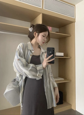 港风条纹长袖防晒衬衫女夏季新款韩版宽松开衫上衣潮百搭薄款外套