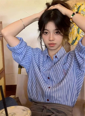 蓝色polo领早春条纹衬衫女2024年新款设计感小众宽松别致长袖上衣