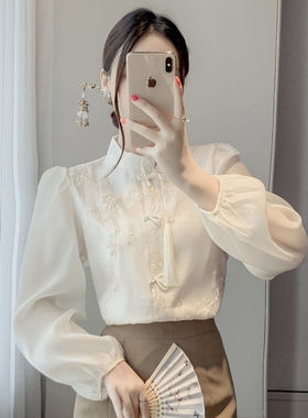 新中式国风盘扣衬衫春装女2025年新款设计感洋气宽松长袖立领上衣